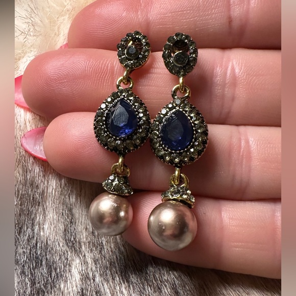 Jewelry - Turkish Sapphire Pavé Diamond & Rose Pearl Chandelier Earrings